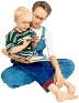 Mother holding child reading book